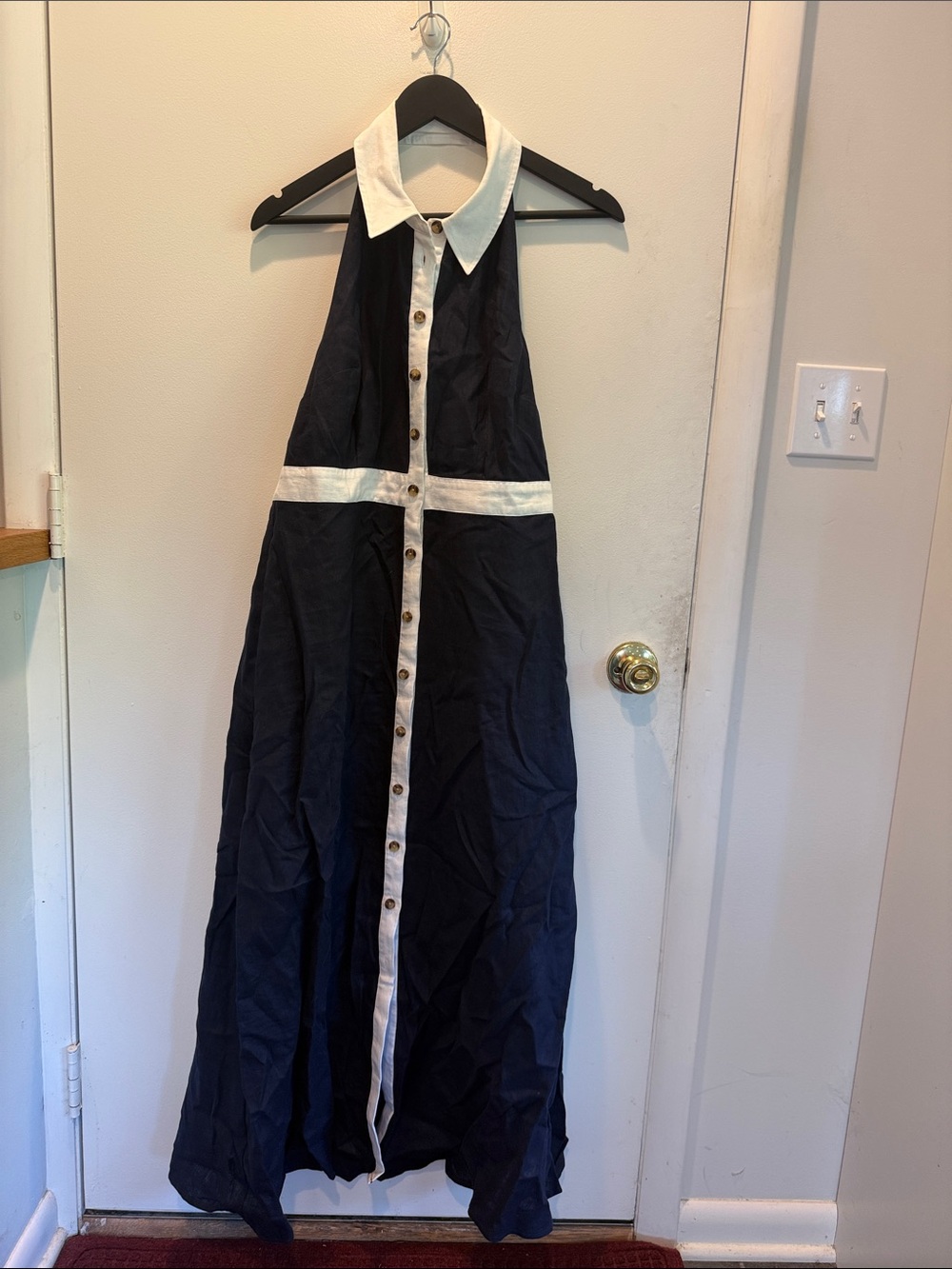 Boden Navy and White Halter Midi Dress with Button-Front